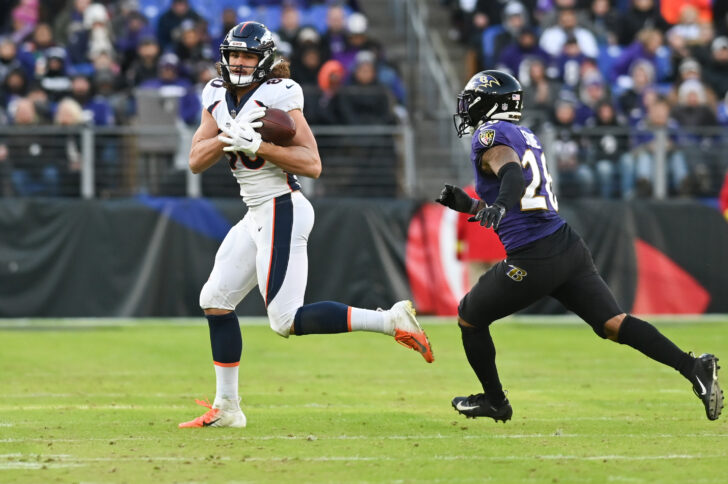 Denver Broncos tight end Greg Dulcich (80) runs after tthcatch during the second half against the Baltimore Ravens at M&T Bank Stadium.