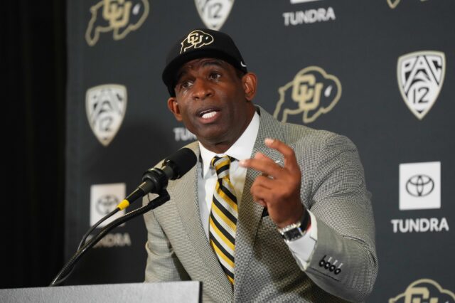 Colorado Buffaloes (CU Buffs) head coach Deion Sanders speaks during a press conference at the Arrow Touchdown Club.