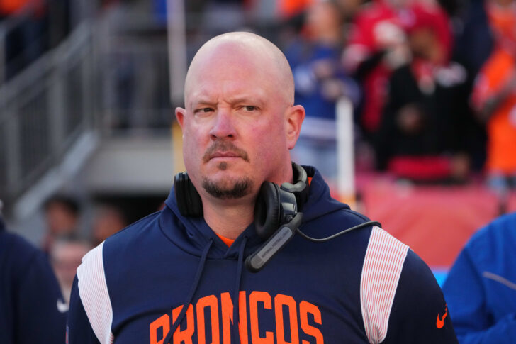 Denver Broncos head coach Nathaniel Hackett prior to the start of the game against the Kansas City Chiefs at Empower Field at Mile High.