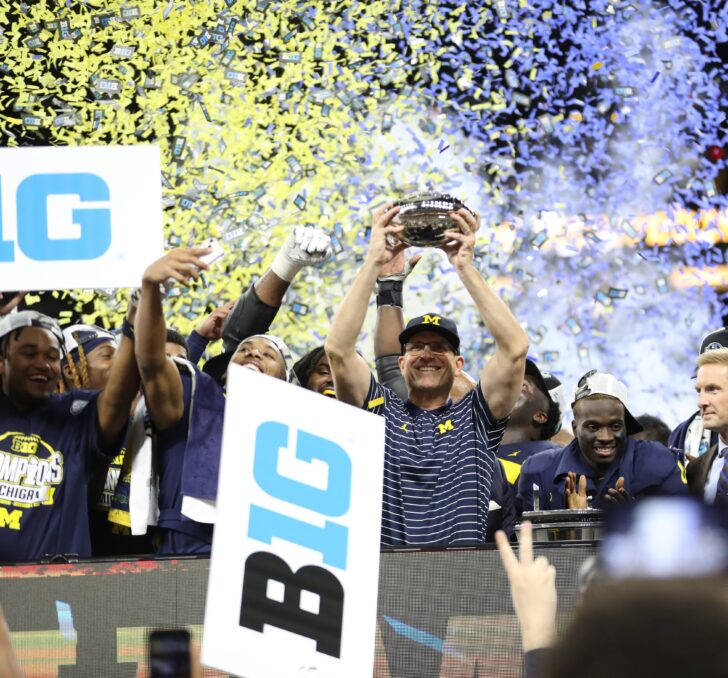 Michigan Wolverines head coach Jim Harbaugh celebrates the 43-22 win against the Purdue Boilermakers in the Big Ten championship game at Lucas Oil Stadium in Indianapolis, Dec. 3, 2022.
