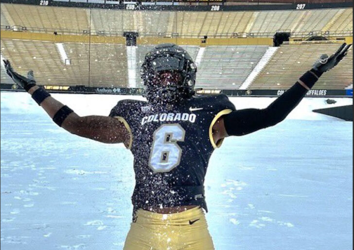 Colorado Buffaloes Recruit Boo Carter plays in the snow at Folsom Field in Boulder, Colorado.