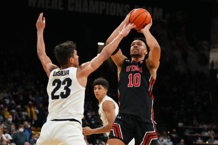 Utah Utes guard Marco Anthony (10) shoots the ball over Colorado Buffaloes forward Tristan da Silva (23) in the second half at the CU Events Center.