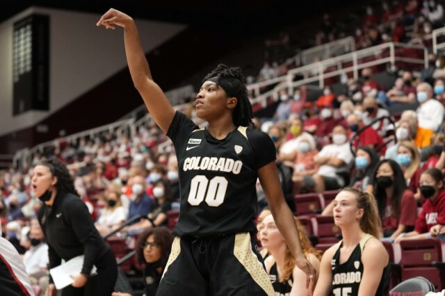 Colorado Buffaloes guard Jaylyn Sherrod (00) follows through on a shot during the fourth quarter against the Stanford Cardinal at Maples Pavilion.Colorado Buffaloes guard Jaylyn Sherrod (00) follows through on a shot during the fourth quarter against the Stanford Cardinal at Maples Pavilion.