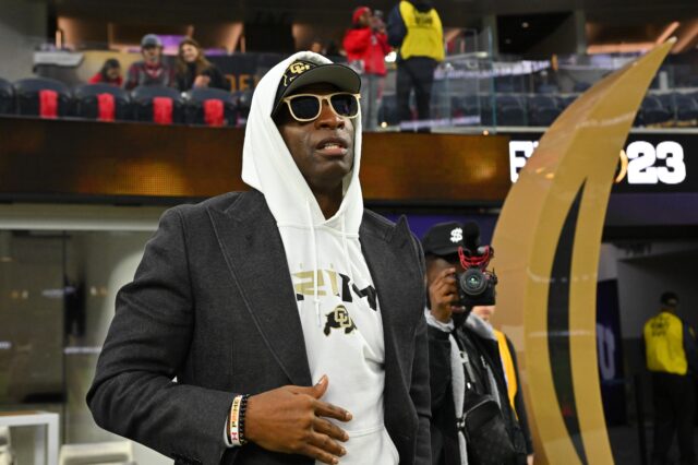 Colorado Buffaloes HC Deion Sanders in attendance before the CFP national championship game between the TCU Horned Frogs and Georgia Bulldogs at SoFi Stadium.