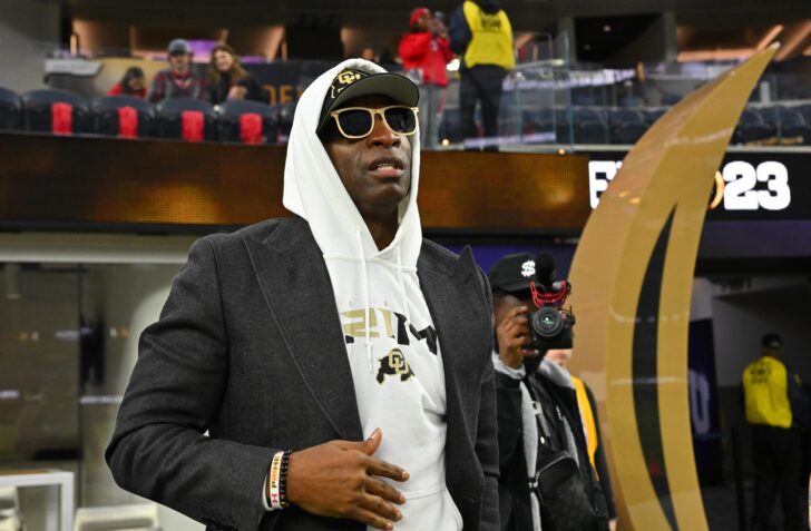Colorado Buffaloes HC Deion Sanders in attendance before the CFP national championship game between the TCU Horned Frogs and Georgia Bulldogs at SoFi Stadium.