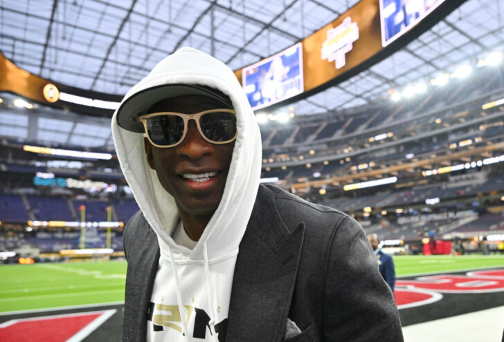 Deion Sanders (Coach Prime) in attendance before the CFP national championship game between the TCU Horned Frogs and Georgia Bulldogs at SoFi Stadium.