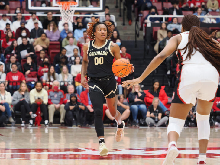 Colorado Buffaloes guard Jaylyn Sherrod (00) controls the ball against the Stanford Cardinal during the first quarter at Maples Pavilion.