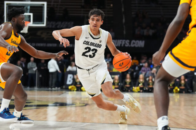 Colorado Buffaloes forward Tristan da Silva (23) drives in the first half against the California Golden Bears at the CU Events Center.