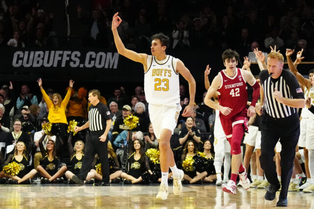 Colorado Buffaloes forward Tristan da Silva (23) reacts to his three point basket in the second half against the Stanford Cardinal at the CU Events Center.