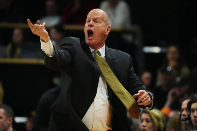 Colorado Buffaloes head coach Tad Boyle calls out in the second half against the UCLA Bruins at the CU Events Center.