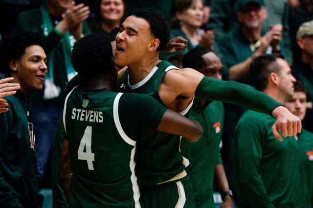 Seniors Isaiah Stevens and John Tonje celebrate their Senior Night win over New Mexico, March 3, 2023. Credit: Isaiah J. Downing, USA TODAY Sports.