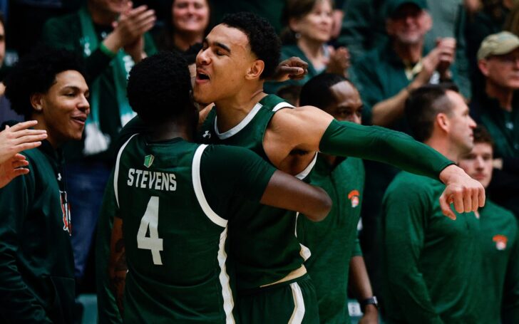 Seniors Isaiah Stevens and John Tonje celebrate their Senior Night win over New Mexico, March 3, 2023. Credit: Isaiah J. Downing, USA TODAY Sports.