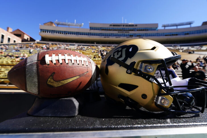 General view of a Colorado Buffaloes (CU Buffs )helmet and football before the game against the Arizona Wildcats at Folsom Field.