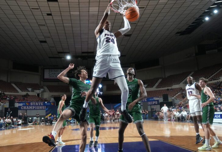 CU basketball commit Cody Williams (24) dunks the ball against the Sunnyslope Vikings during their Open Division State Championship game at Arizona Veterans Memorial Coliseum in Phoenix on March 4, 2023. CU Buffs. CU Basketball. Colorado Buffaloes High School Basketball Open Boys Basketball Final Sunnyslope At Perry