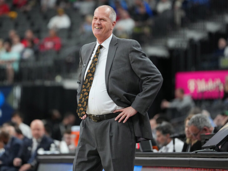 CU MBB head coach Tad Boyle reacts to a call during the first half against the UCLA Bruins at T-Mobile Arena.