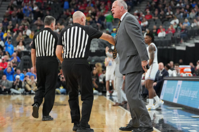 Colorado Buffaloes head coach Tad Boyle is ejected against the UCLA Bruins during the second half at T-Mobile Arena.
