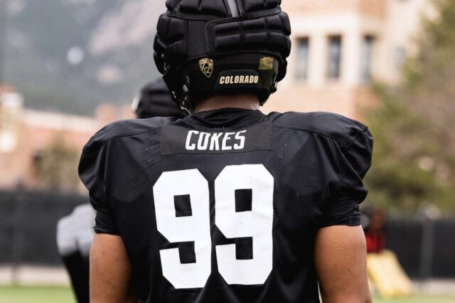 Colorado Buffaloes DL Shane Cokes rocks his new number 99 at CU Buffs Spring Practice