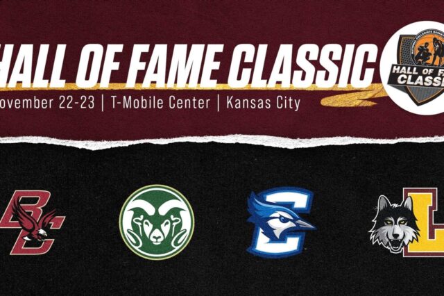 The logos of Colorado State, Boston College, Creighton and Loyola Chicago with the Hall of Fame Classic logo and dates for the 2023 tournament.