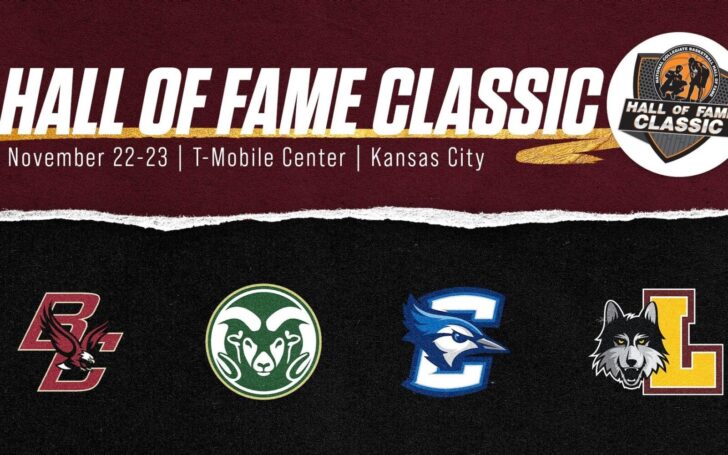 The logos of Colorado State, Boston College, Creighton and Loyola Chicago with the Hall of Fame Classic logo and dates for the 2023 tournament.
