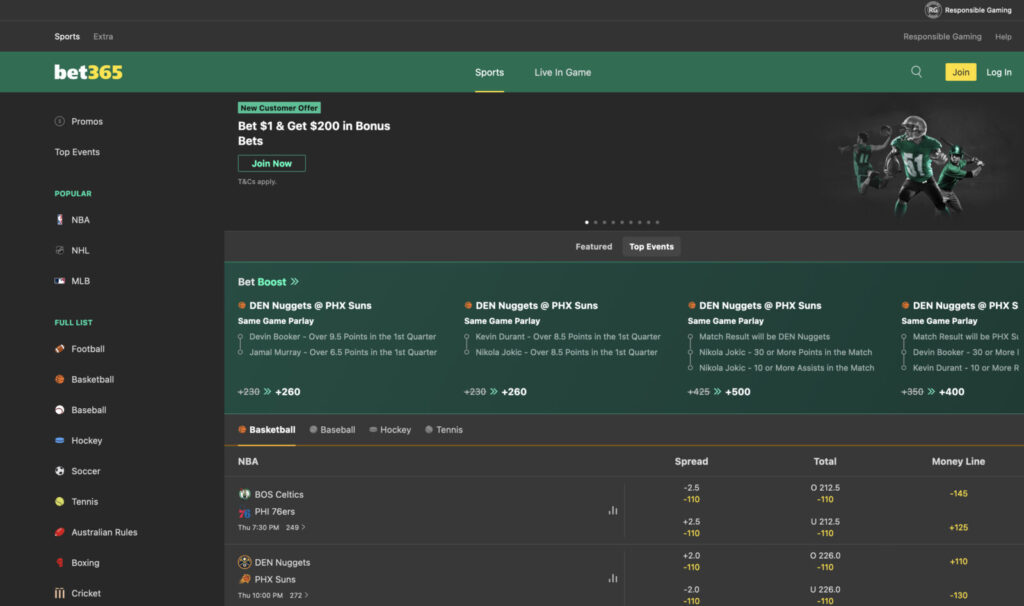 bet365 Sportsbook home screen