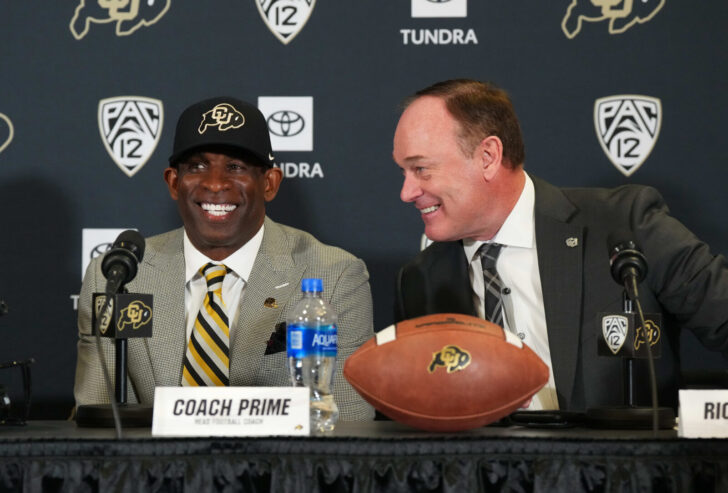 Colorado Buffaloes head coach Deion Sanders and athletic director Rick George during a press conference at the Arrow Touchdown Club.