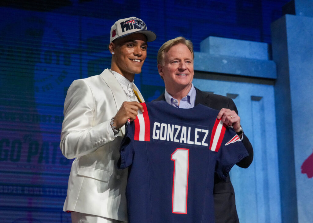Former Colorado Buffaloes cornerback Christian Gonzalez with NFL commissioner Roger Goodell after being selected by the New England Patriots seventeenth overall in the first round of the 2023 NFL Draft at Union Station.