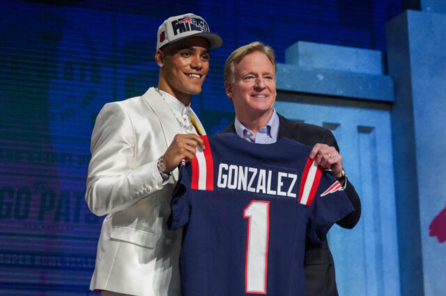 Former Colorado Buffaloes cornerback Christian Gonzalez with NFL commissioner Roger Goodell after being selected by the New England Patriots seventeenth overall in the first round of the 2023 NFL Draft at Union Station.