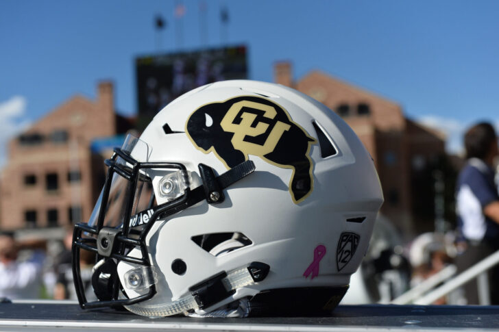 General view of a Colorado Buffaloes helmet with breast cancer awareness emblem in the second half of the game against the Oregon State Beavers at Folsom Field. The Buffaloes defeated Beavers 47-6.
