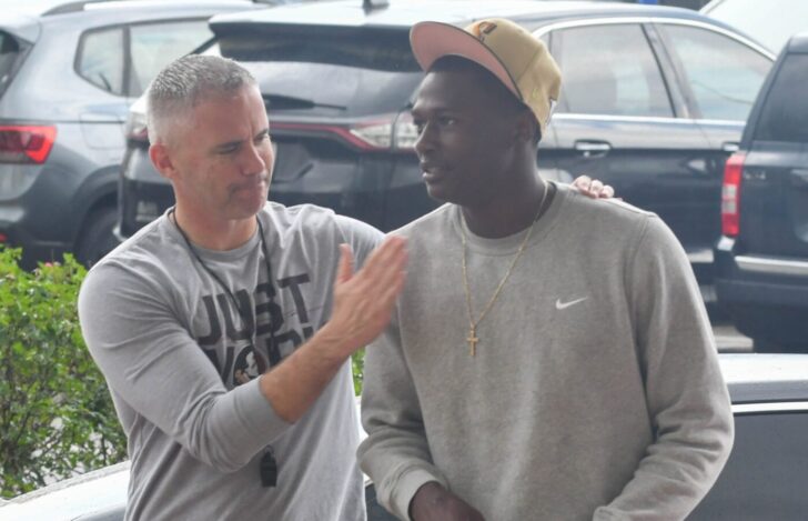 Florida State head football coach Mike Norvell (right) greets 5-star CU Buffs target Charles Lester on Friday, March 10, 2023.