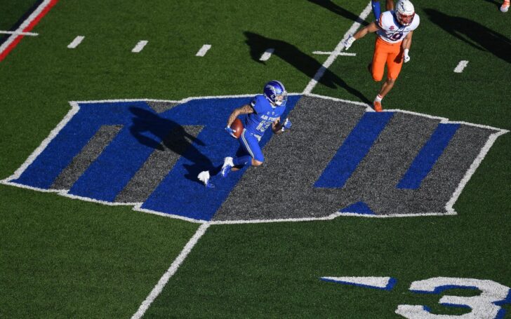 Mountain West logo on Air Force's field, a player runs with the ball and another chases.