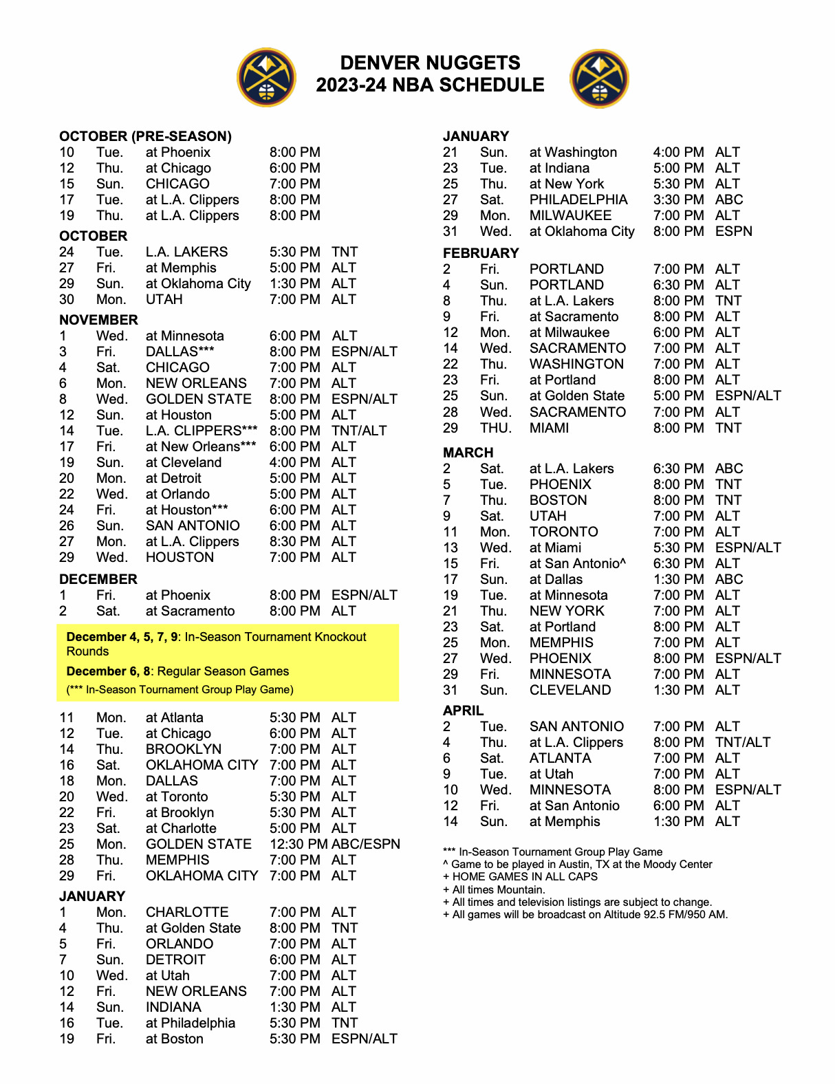 Denver Nuggets 2023-24 official regular season schedule released - Mile High Sports