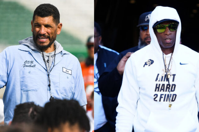 Jay Norvell, left, and Deion Sanders, right.