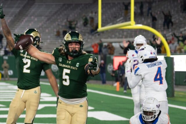 Dallin Holker of Colorado State catches a hail mary from Brayden Folwer-Nicolosi to beat Boise State.