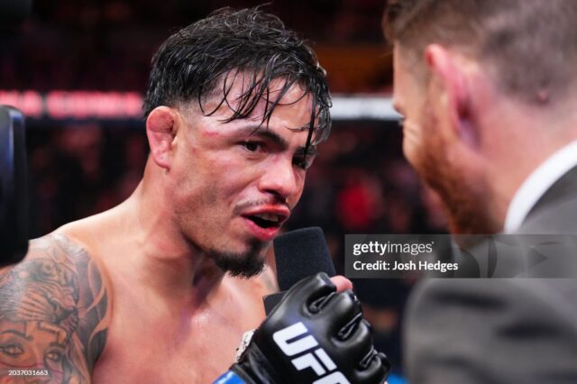 MEXICO CITY, MEXICO - FEBRUARY 24: Brandon Royval is interviewed after defeating Brandon Moreno of Mexico in a flyweight fight during the UFC Fight Night event at Arena CDMX on February 24, 2024 in Mexico City, Mexico. (Photo by Josh Hedges/Zuffa LLC via Getty Images)