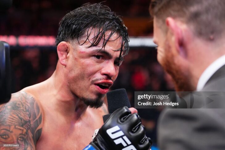 MEXICO CITY, MEXICO - FEBRUARY 24: Brandon Royval is interviewed after defeating Brandon Moreno of Mexico in a flyweight fight during the UFC Fight Night event at Arena CDMX on February 24, 2024 in Mexico City, Mexico. (Photo by Josh Hedges/Zuffa LLC via Getty Images)