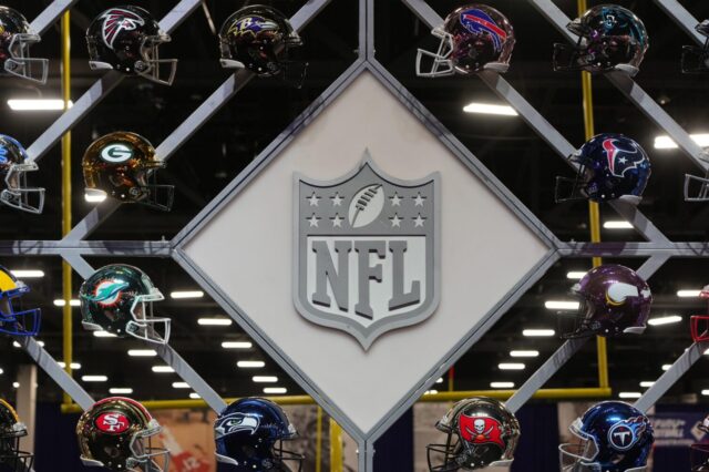 NFL shield logo and helmets in Las Vegas for the Super Bowl.
