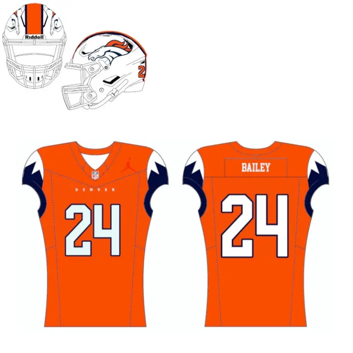 Denver Broncos mock-up jerseys show a white helmet, blue triangles with white background on the shoulders.