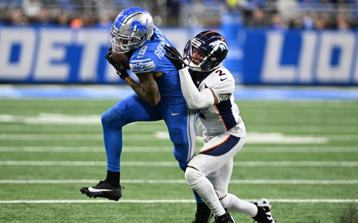 Broncos wide receiver Josh Reynolds catches on Patrick Surtain while still with the Lions.