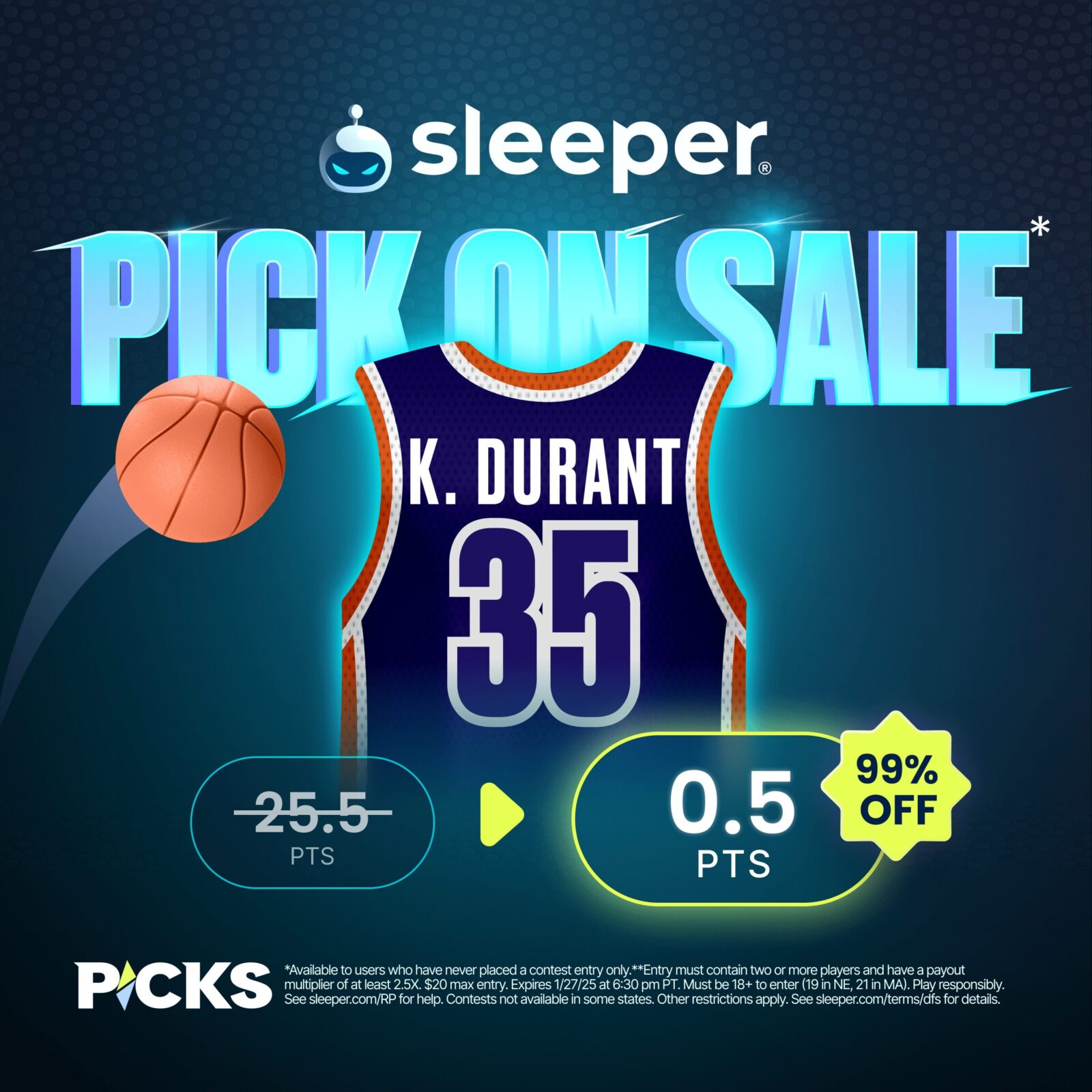 Sleeper Fantasy promo code bonus Kevin Durant Jan. 27