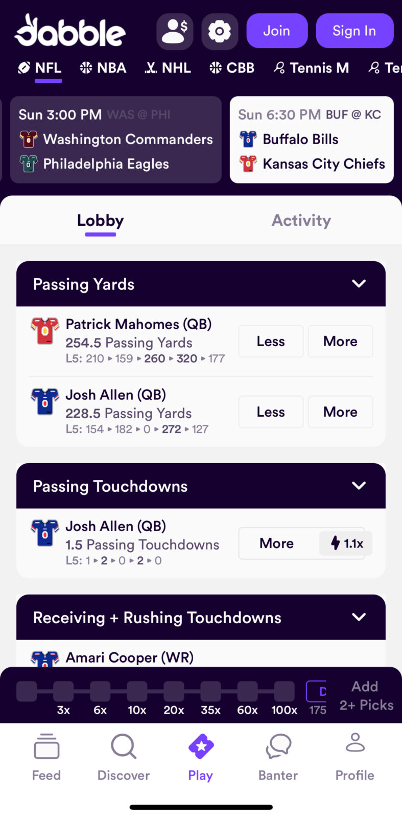 Dabble Fantasy Bills vs. Chiefs Pick Screen