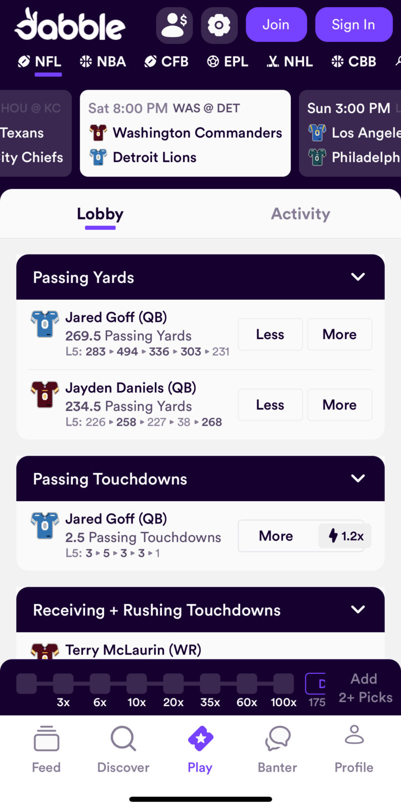 Lions-Commanders Picks on the Dabble Fantasy App