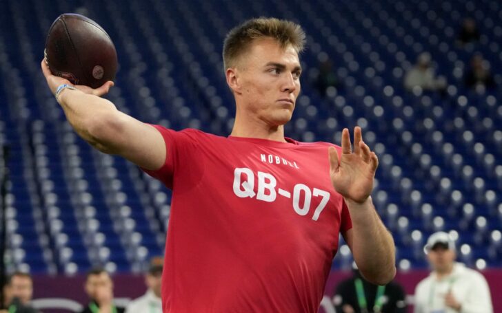 Bo Nix in a red shirt at the 2024 NFL Combine. He's throwing a pass.