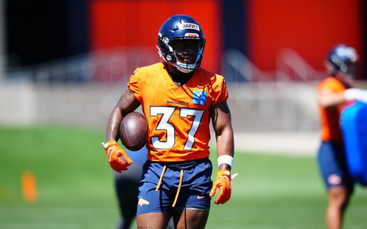 R.J. Harvey in Denver Broncos rookie minicamp. He's wearing 37 and a helmet with "HARVEY" written on tape.