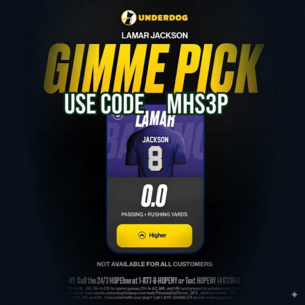 Underdog Promo Code MHS3P: $50 Bonus + Lamar Jackson Gimme Pick vs. Lions