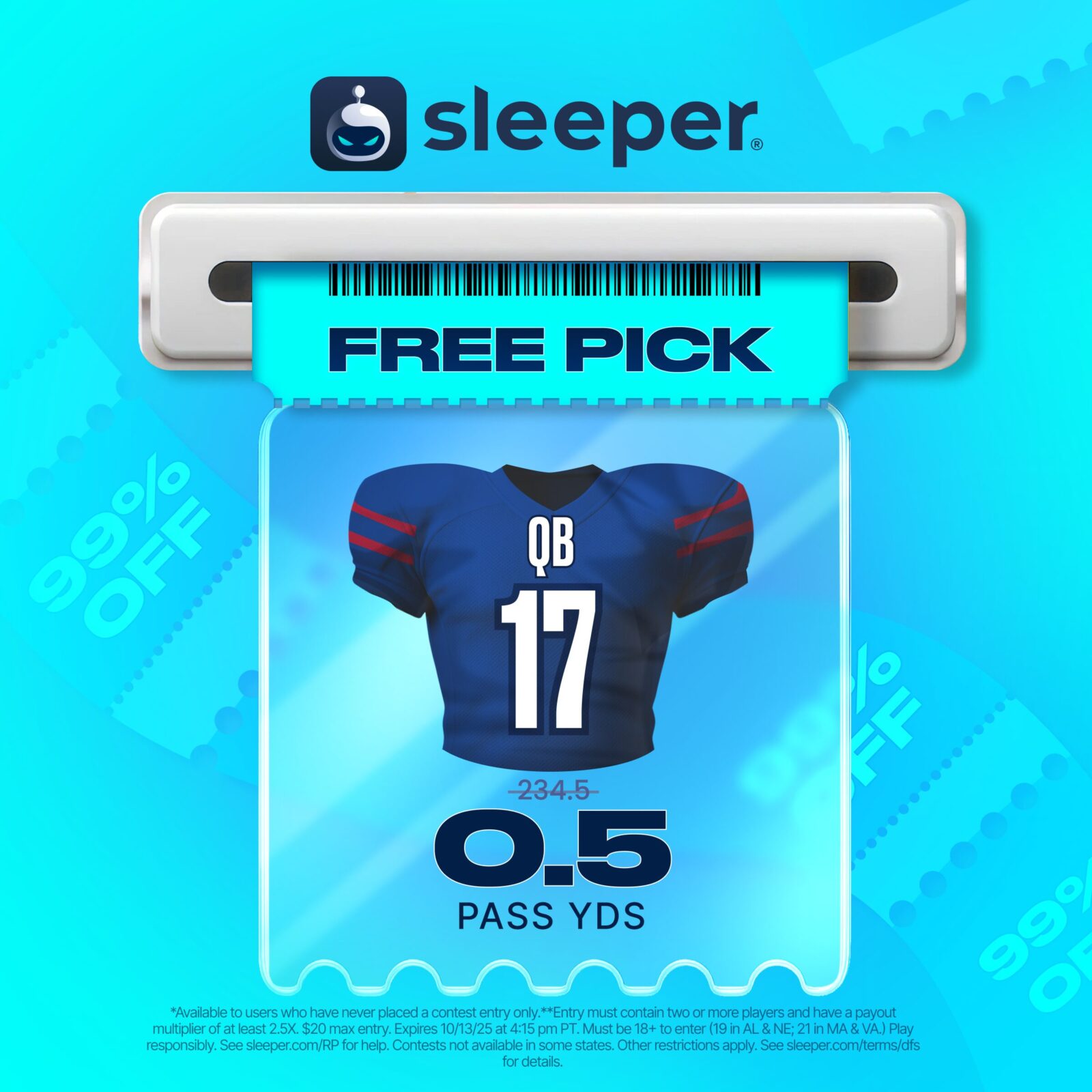 Sleeper Promo Code MHS3P: Josh Allen Free Pick + $20 No-Deposit Bonus for Bills vs. Falcons MNF