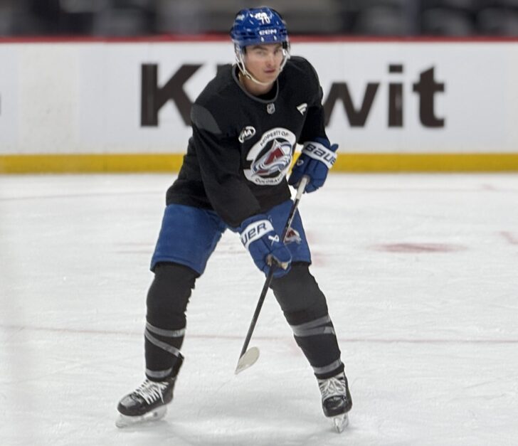 Colorado Avalanche defenseman Sam Malinski at morning skate ahead of matchup with Detroit Red Wings on Feb. 2, 2026.